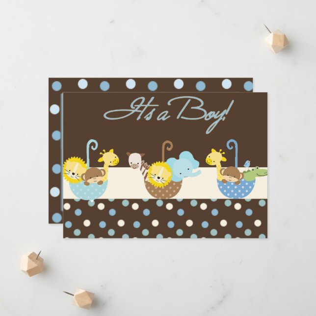 Brown Blue Baby Boy Announcement Card (Front/Back In Situ)