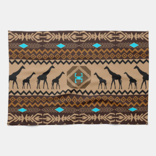 Brown Blue & Beige African Pattern & Giraffe Tea Towel
