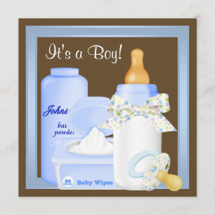 Brown Blue Bottle Pacifier Baby Boy Shower Invitation