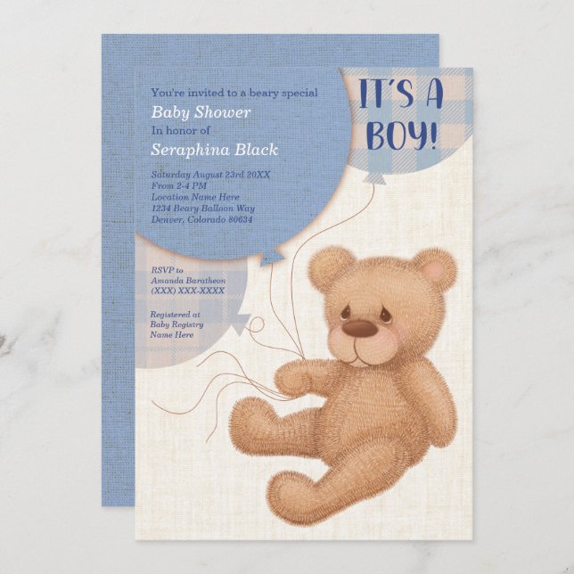 Brown Blue Boys Teddy Bear Baby Shower Invitation (Front/Back)