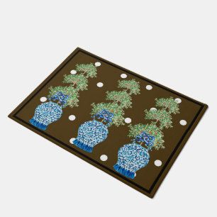Brown Blue Chinoiserie Orange Topiary Doormat