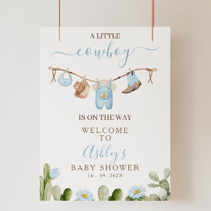Brown Blue Cothes Cowboy Baby Shower Welcome Sign