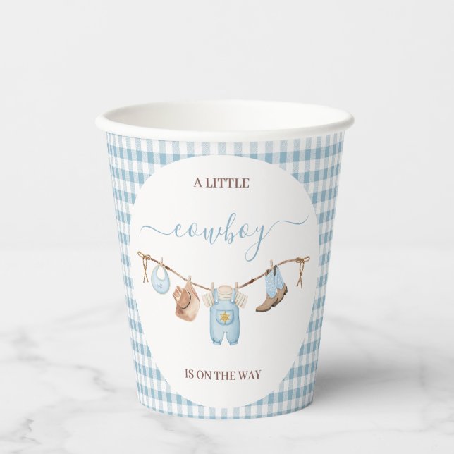 Brown Blue Cothesline Cowboy Baby Shower  Paper Cups (Front)