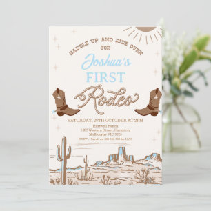Brown Blue Cowboy Boots First Rodeo 1st Birthday Invitation