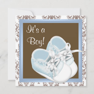 Brown Blue Damask Shoes Baby Boy Shower Invitation