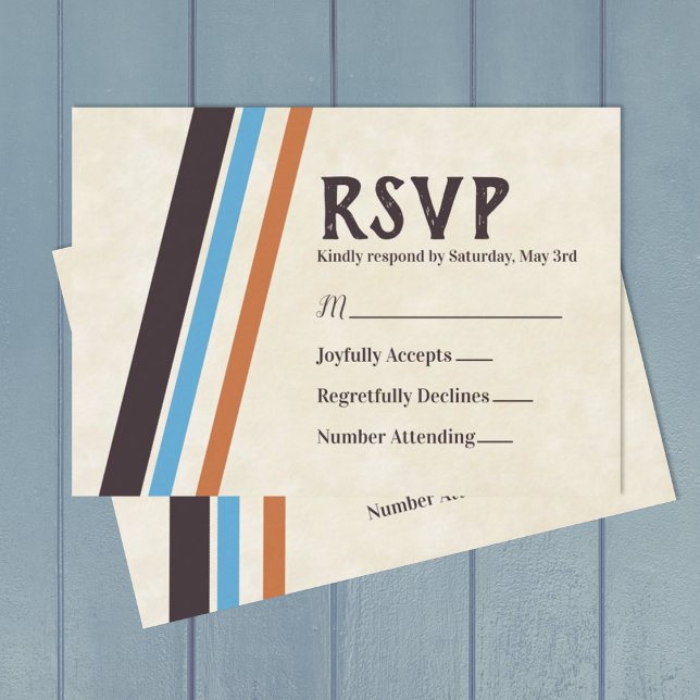 Brown, Blue Diagonal Stripes Bar Mitzvah RSVP Card (Retro stylish bar mitzvah rsvp cards with caramel brown, blue, and eggplant purple stripes)