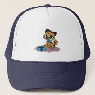 BROWN BLUE-EYED KITTEN ON A PURPLE MAT TRUCKER HAT