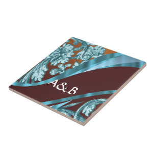Brown & blue floral damask pattern ceramic tile