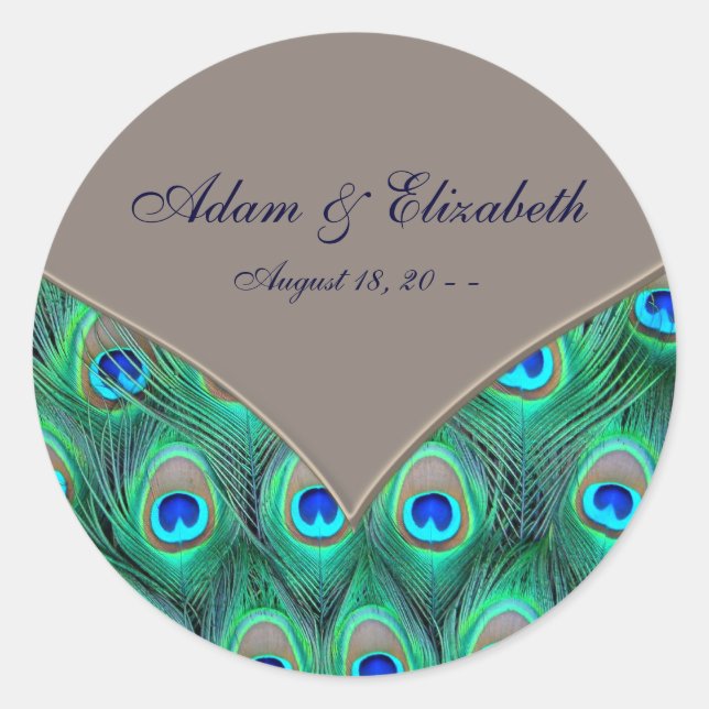 Brown Blue Peacock Wedding Favour Label (Front)