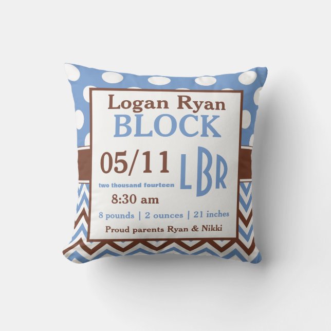 Brown Blue Personalised Baby Announcement Pillow (Front)