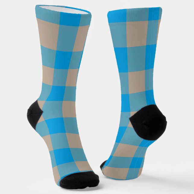 Brown Blue Plaid Chequered Pattern Socks (Angled)