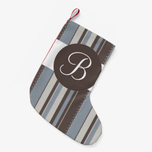 Brown blue stripe monogram Christmas stocking
