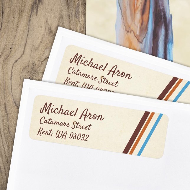 Brown & Blue Stripes Return Address Labels (retro 80s diagonal stripes mailing address labels stickers for personalized brown blue stationary)