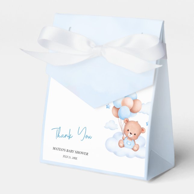 Brown Blue Teddy Bear Balloons Baby Favour Box (Front Side)