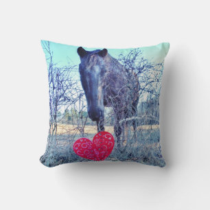 Brown Blue tinted Horse Red Heart Cushion