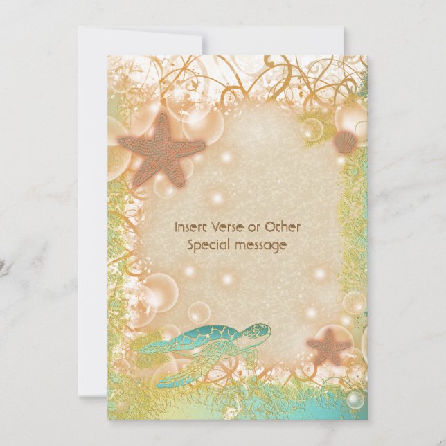 Brown blue turtle starfish wedding invitation (Front)