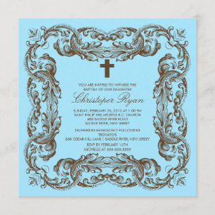 Brown & Blue Vintage Frame Baptism Invitation