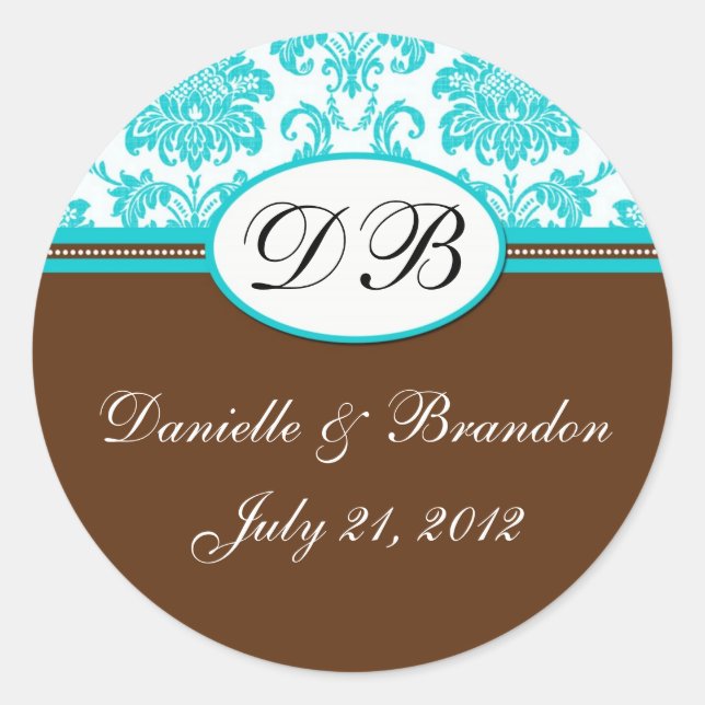 Brown Blue Wedding Monogram Damask Seal (Front)