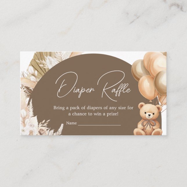 Brown Boho Bear Balloon Baby Shower Diaper Raffle Enclosure Card (Front)