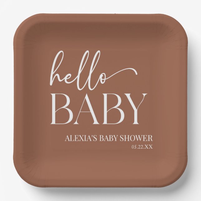Brown Boho Bohemian Hello Baby Baby Shower Paper Plate (Front)