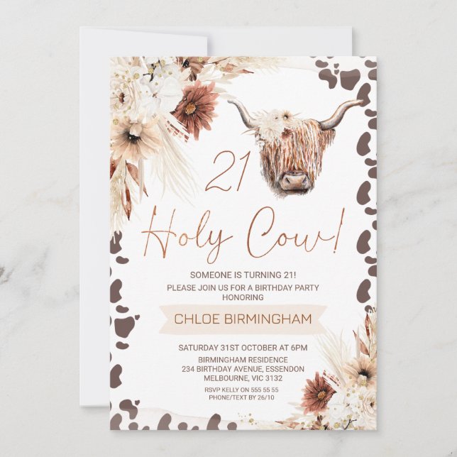 Brown Boho Floral Holy Cow Highland 21st Birthday  Invitation (Front)