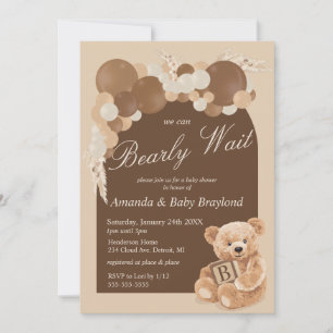 Brown Boho Pampas Grass Teddy Bear Invitation