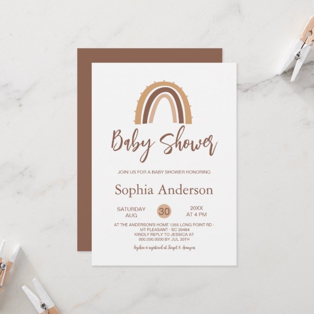 brown Boho Rainbow Baby Shower  Invitation (Front/Back In Situ)