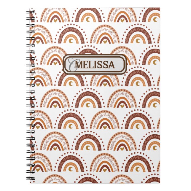 Brown Boho Rainbow Whimsical Pattern Monogram Name Notebook (Front)