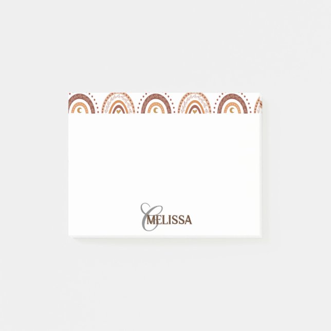 Brown Boho Rainbow Whimsical Pattern Monogram Name Post-it Notes (Front)