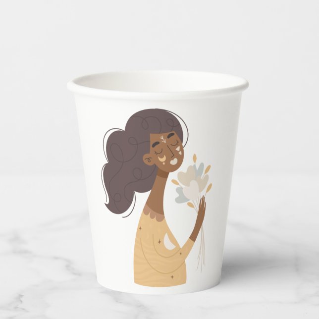 Brown boho woman bouquet of hearts party paper cups (Front)