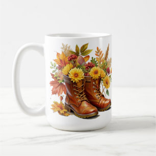 BROWN BOOTS WITH PRETTY FALL AUTUMN FLOWERS COFFEE MUG