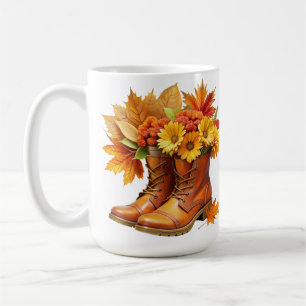 BROWN BOOTS WITH PRETTY FALL AUTUMN FLOWERS COFFEE MUG