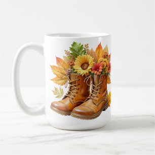 BROWN BOOTS WITH PRETTY FALL AUTUMN FLOWERS COFFEE MUG