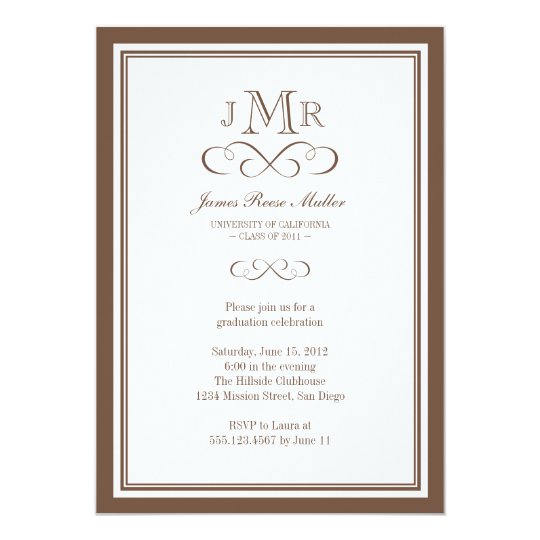Brown border frame classy monogram graduation card