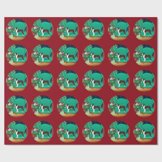 Brown Boston Terrier and Santa's Gift Wrapping Paper (Flat)
