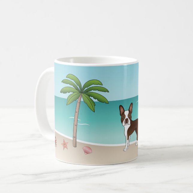 Brown Boston Terrier At A Tropical Summer Beach Coffee Mug (Front Left)
