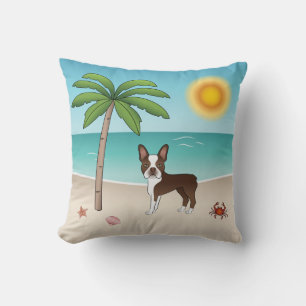 Brown Boston Terrier At A Tropical Summer Beach Cushion
