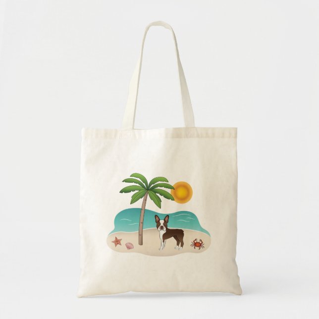 Brown Boston Terrier At A Tropical Summer Beach Tote Bag (Front)