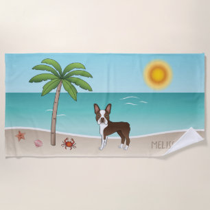 Brown Boston Terrier At A Tropical Summer Beach - Towel