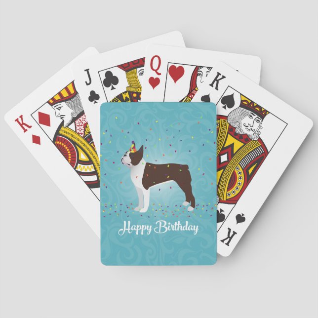 Brown Boston Terrier Birthday Design Playing Cards (Back)