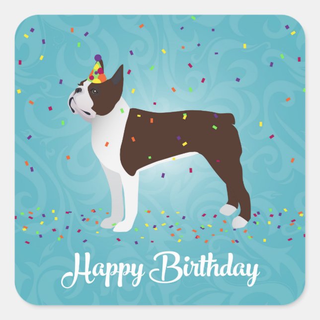 Brown Boston Terrier Birthday Design Square Sticker (Front)