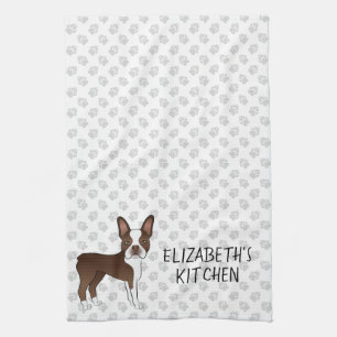 Brown Boston Terrier Cartoon Dog & Custom Text Tea Towel