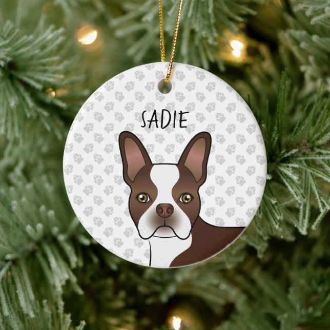 Brown Boston Terrier Cartoon Dog Head & Dog's Name Ceramic Ornament (Tree)