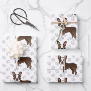 Brown Boston Terrier Cartoon Dog Pattern & Paws Wrapping Paper Sheet