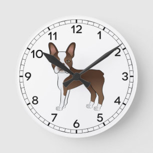Brown Boston Terrier Cute Cartoon Dog Drawing Round Clock