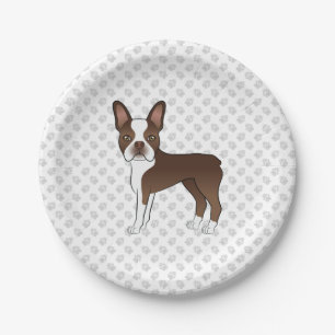 Brown Boston Terrier Cute Cartoon Dog & Grey Paws Paper Plate