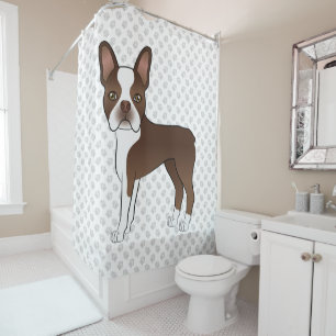 Brown Boston Terrier Cute Cartoon Dog & Paws Shower Curtain