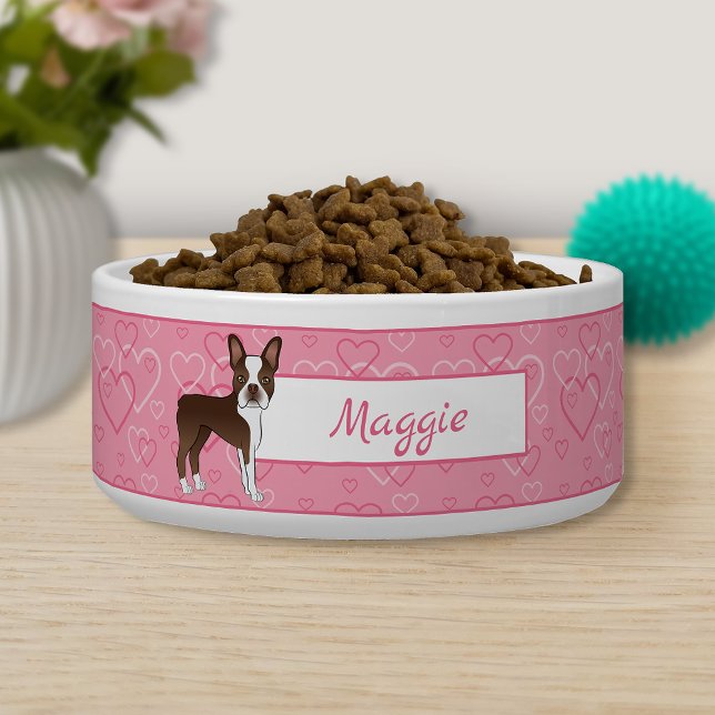 Brown Boston Terrier Dog On Pink Hearts And Name (Creator Uploaded)