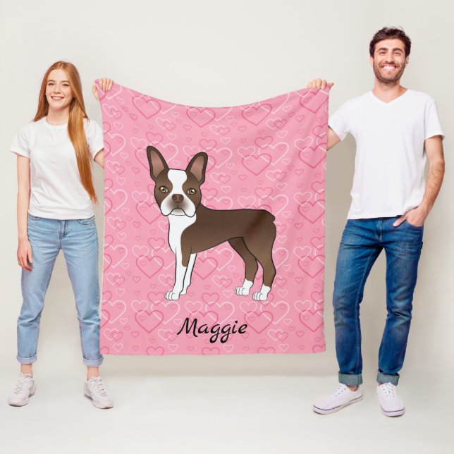 Brown Boston Terrier Dog On Pink Hearts And Name Fleece Blanket (In Situ)
