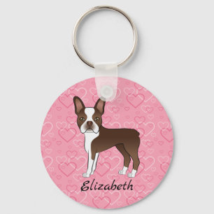 Brown Boston Terrier Dog On Pink Hearts And Name Key Ring
